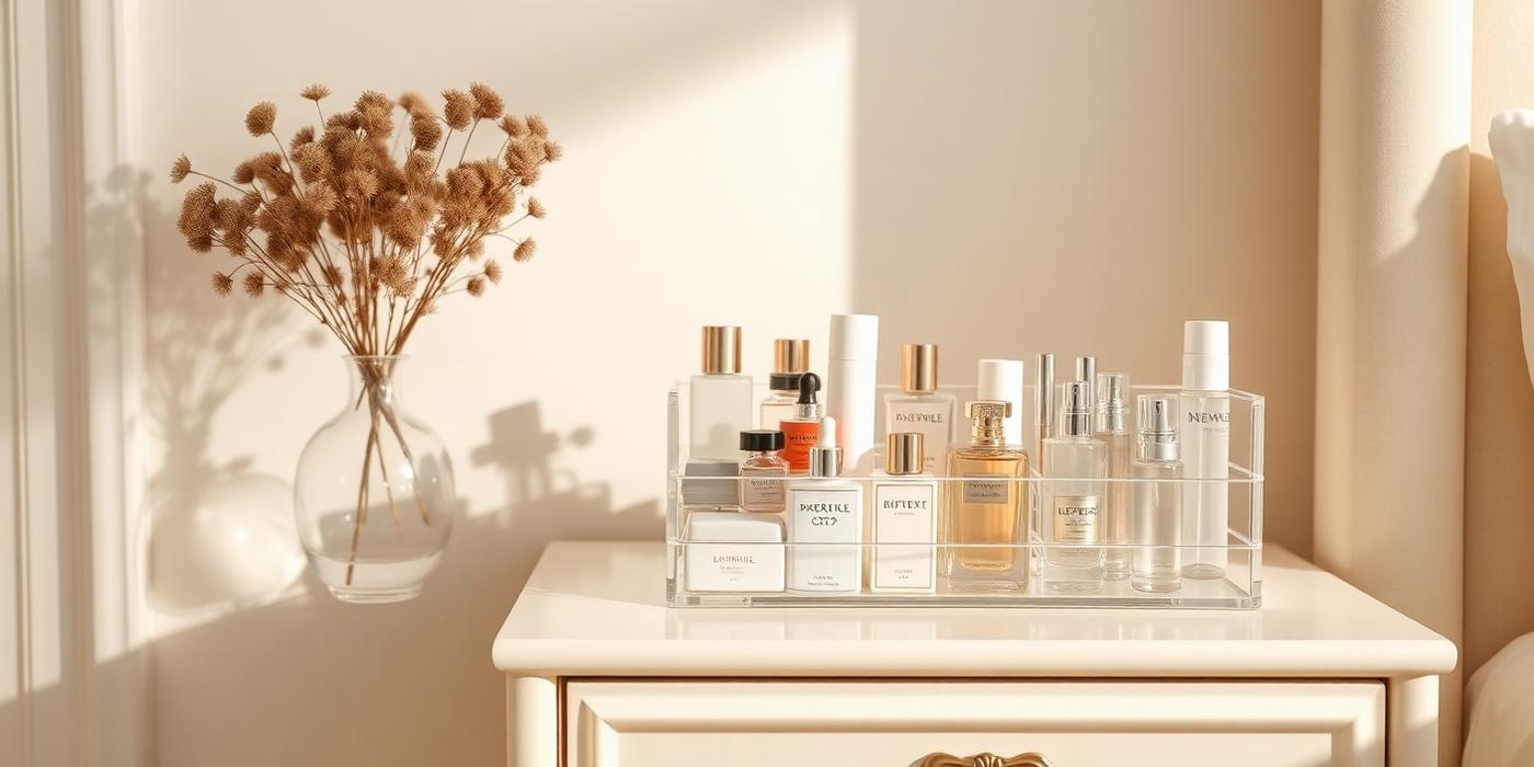 Acrylic cosmetics organizer on a bedroom nightstand
