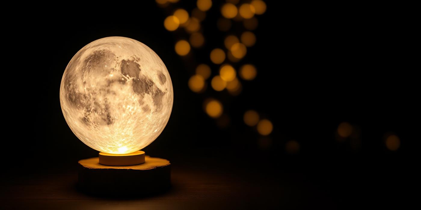 Crystal moon lamp glowing in a dark room